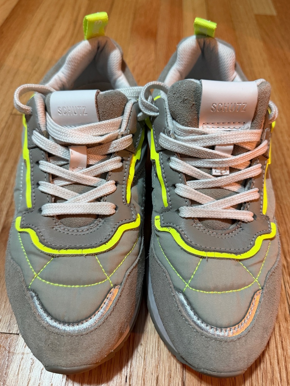 SCHUTZ Gray and Neon Yellow Accent Lace-Up Sneakers- 7